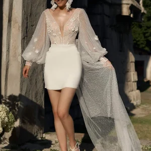 Lace V-Neck Long Sleeves Sheath Natural Waist Stretch Crepe Short Bridal Short Wedding Dress