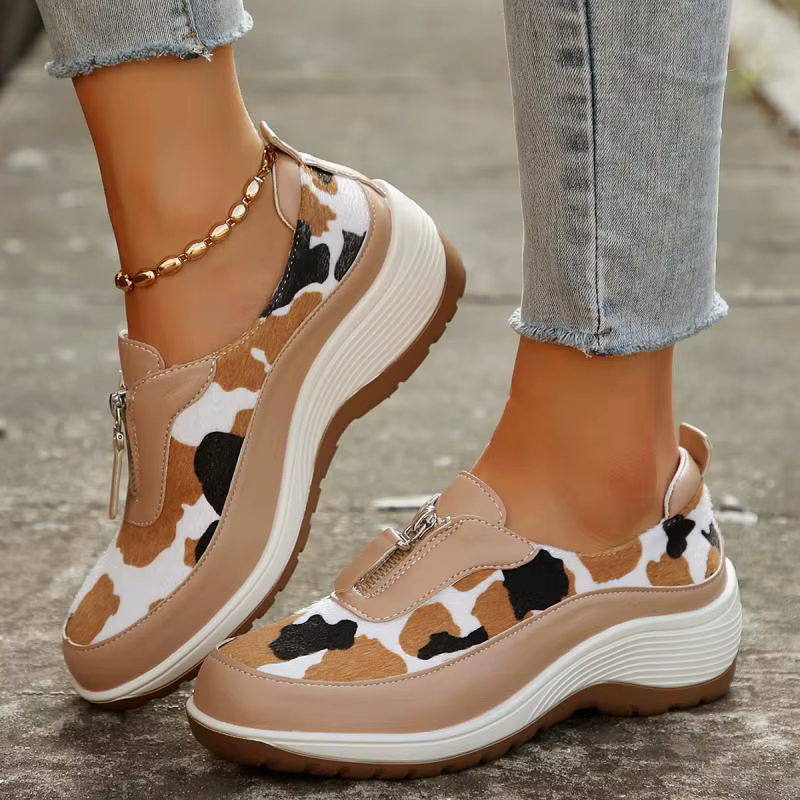 Leopard Print Front Zipper Wedge Sneakers Platform Shoes