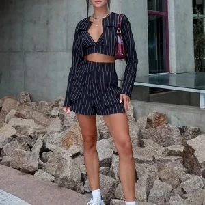 Striped Long Sleeve O-Neck Lingerie Tank Tops Shorts Pyjamas 3 Piece Set Suit
