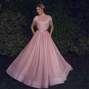 Luxury Beaded A-Line Evening Gown Tassels Short Sleeves High Neck Formal Party Dress