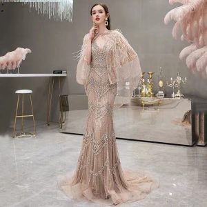 Luxury Shawl Yarn Feathers V-Neck Mermaid Evening Dresses