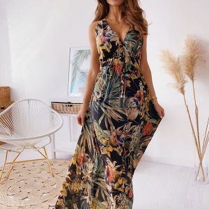 Maxi Dresses Sleeveless Printed V-Neck Polyester Floor Length Dress