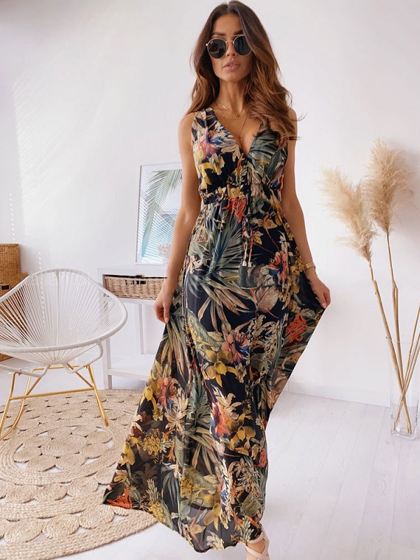 Maxi Dresses Sleeveless Printed V-Neck Polyester Floor Length Dress