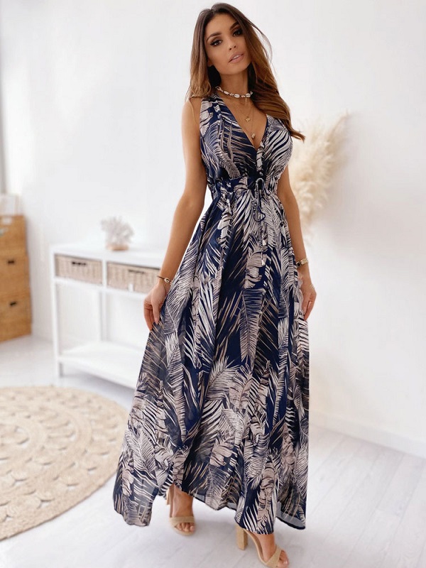 Maxi Dresses Sleeveless Printed V-Neck Polyester Floor Length Dress - Image 3