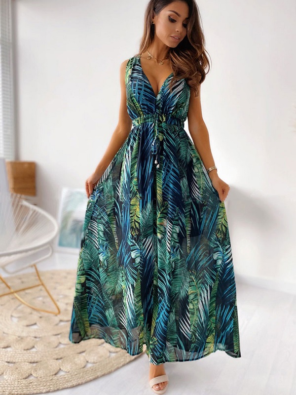 Maxi Dresses Sleeveless Printed V-Neck Polyester Floor Length Dress - Image 5