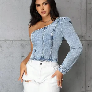 One Shoulder Long Sleeve Streetwear Party Side Zipper Jean Crop Denim Blouses Top