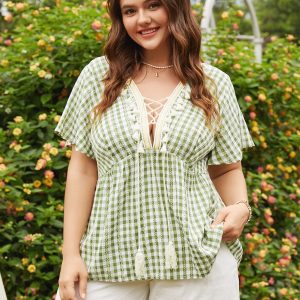 Plaid Lace-Up Splice Tassel Short Sleeve Blouse