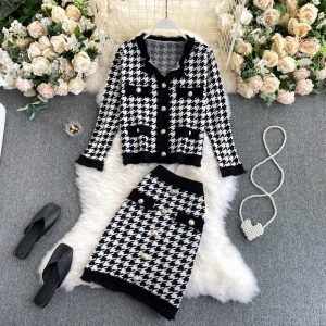 Plaid Long Sleeve Elastic High Waist Knitted Skirt Two Pieces Set
