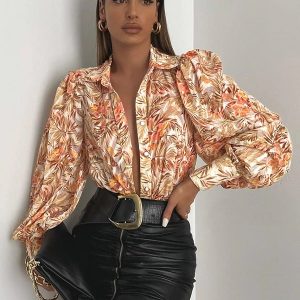 Polyester Turndown Collar Classic Printed Buttons Long Sleeves Tops