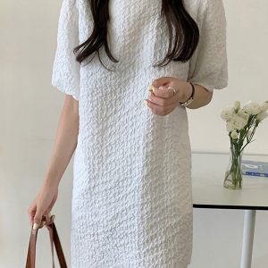 Puff Sleeve Solid Color Crew Neck Casual Dress