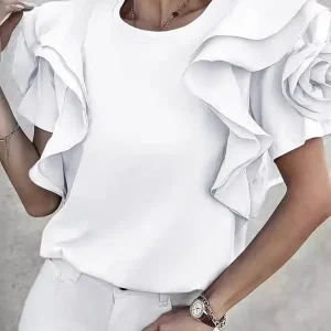 Ruffled Solid Color Cotton Blended Shirt Round Neck Short Sleeve Loose T-shirt
