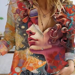 Vibrant Succulent Printed Single-Breasted Basic Top