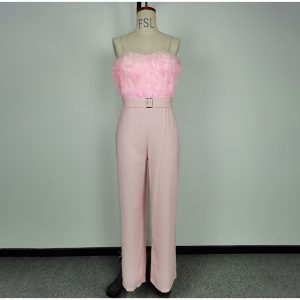 Sexy Feather Romper Women’s Jumpsuit Elegant Fluffy Backless With Belt Jumpsuits Female