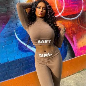 Sexy Letter Print Crop Top High Waist Elastic Bodycorn Two Piece Set