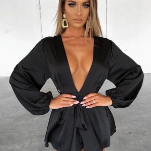 V-Neck Cut Out Long Sleeves Polyester Short Club Dress