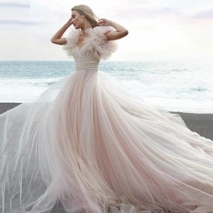 Short Puffy Sleeves Backless Wedding Dress