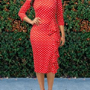 Side Riffle Polka Dot Three Quarter Length Sleeves Midi Dress