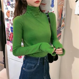 Skinny turtleneck solid color long sleeve t-shirt