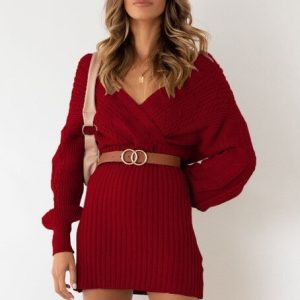 Solid Belt Casual V Neck Sweater Mini Dress