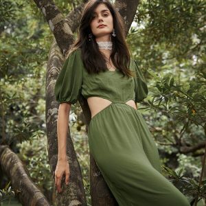 Solid Cut Out Waist Puff Sleeve V-neck Wide Leg Jumpsuit