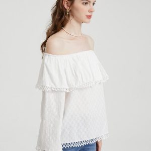 Solid Fringe Trim Off The Shoulder Long Sleeve Blouse