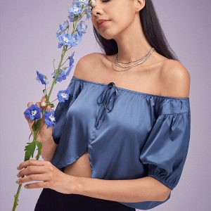 Solid Satin Slit Tie Button Off Shoulder Short Sleeve Crop Top