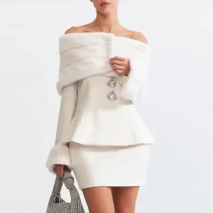 Spliced Diamonds Slash Collar Top High Waist Skirt Two Piece Set