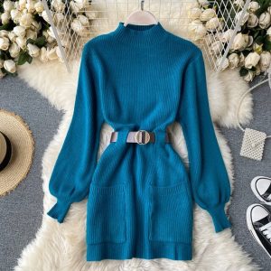 Stand Collar Long Sleeve Mini Sweater Dress