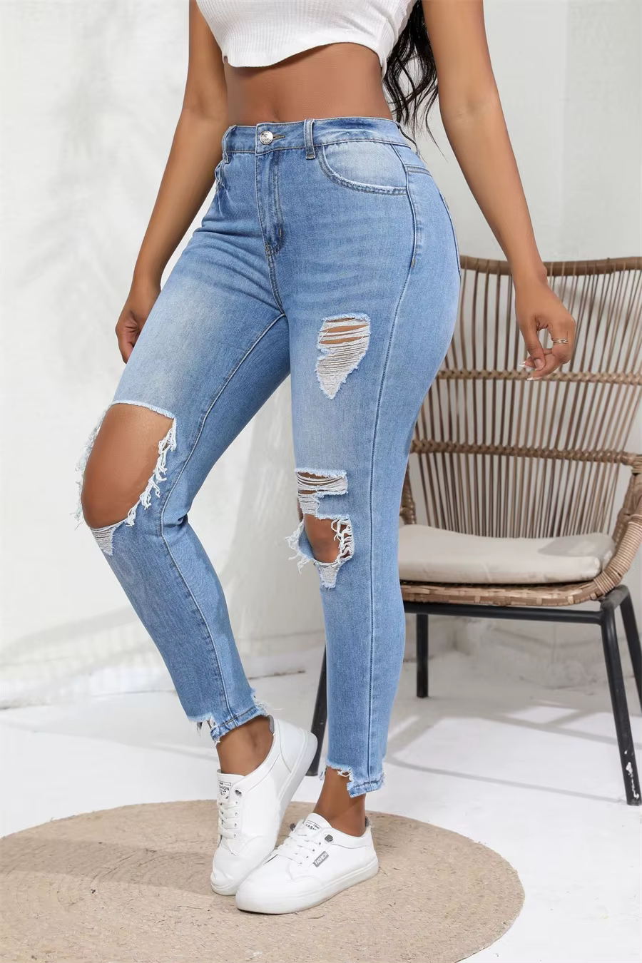 Streetwear Mid Waisted Ripped Hole Slim High Elastic Skinny Jeans