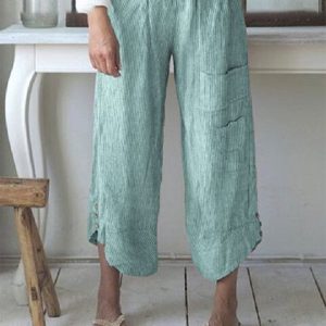 Stripe Elastic Waist Button Pocket Casual Pants