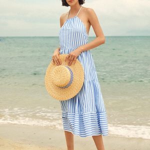 Stripe Print Halter Open Back Dress