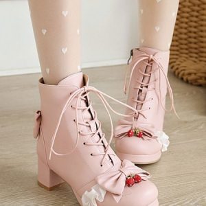 Sweet Leather Bows Chunky Heel Round Toe Lolita Boots
