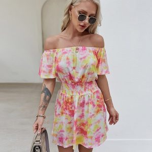 Sweet Tie Dye Off-the-shoulder Short Sleeve Dress