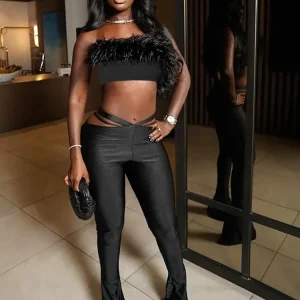 Trend Feather Strapless Tops High-Waisted Hollow Leggings Matching Clubwear Suits 2 Piece Set