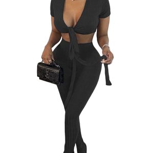 Two Piece Sets V-Neck Split Front Lace Up Casual Outfit