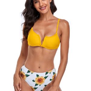 Two Piece Swimsuits Sunflowers Printed Raised Waist Beach Swimwear