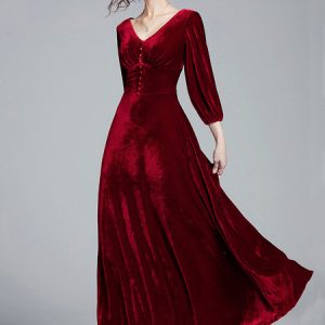 Velvet V-Neck Long Sleeve Buttons Slim Fit Maxi Party Dress