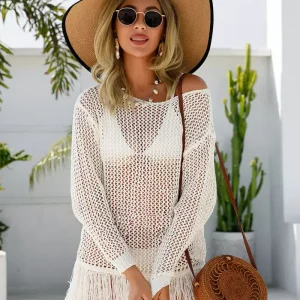 Vintage Crochet Cover Up Fringed Hem Long Sleeves Beachwear