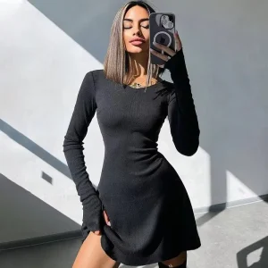 Vintage Long Sleeve Bandage A-Line Slight Stretch Mini Dress