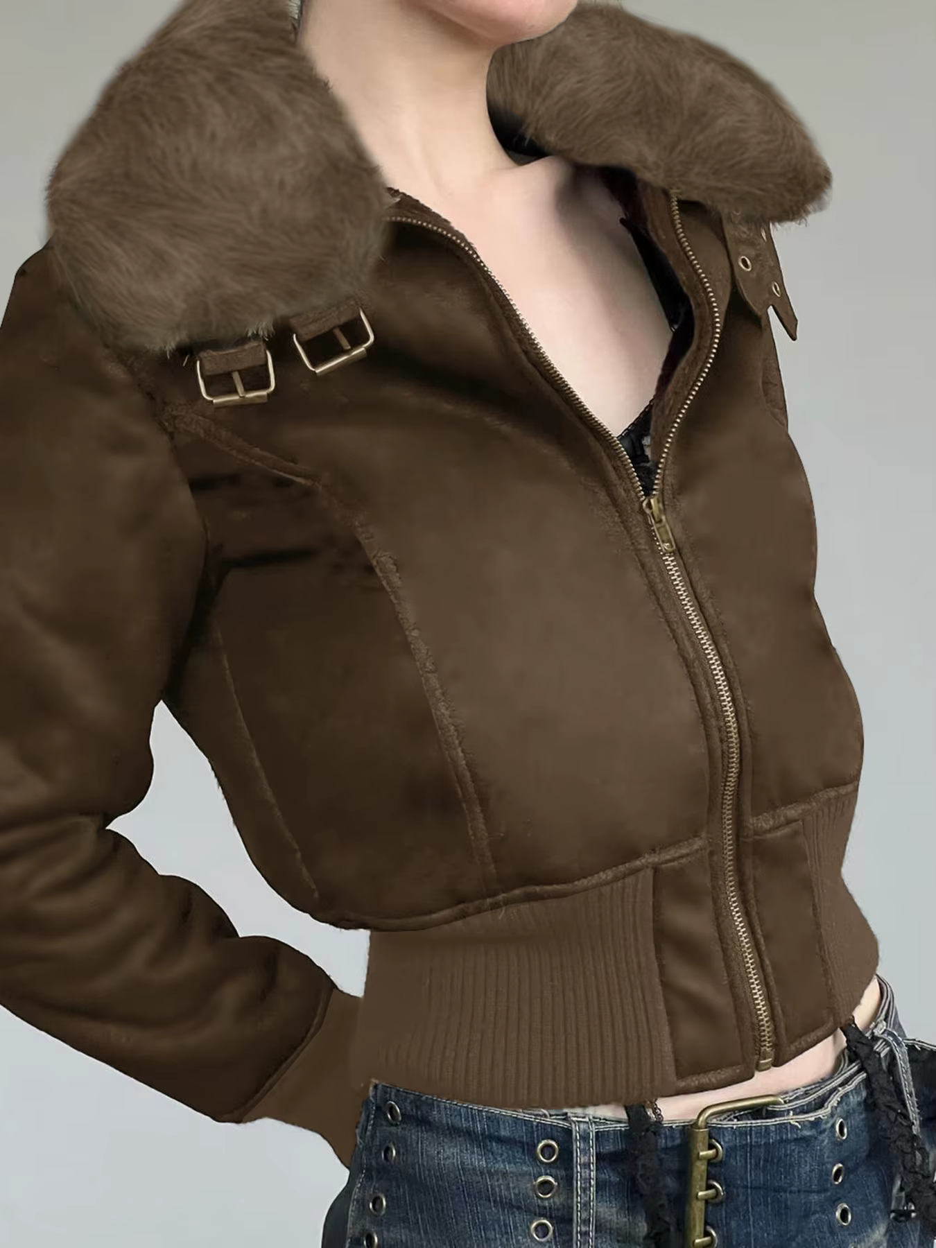 Vintage Zipper Slim Turn-Down Collar Fur Trim Patchwork Jackets