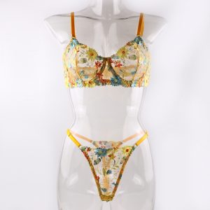 Mesh Floral Embroidery Lingerie Two-Piece Set
