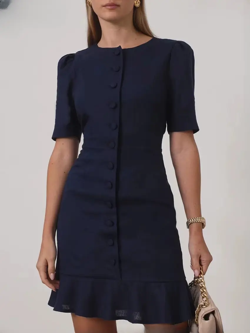 Elegant O-Neck Short Sleeve Cotton Classic Solid Mini Dresses